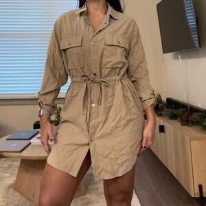 Women’s Zara nude/camel shirt dress with waist tie and pockets